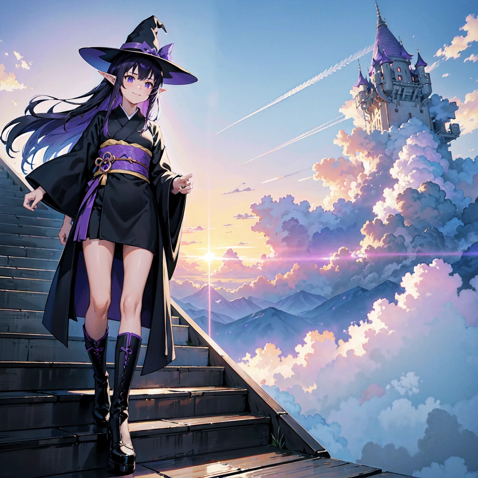 A girl with long violet-purple hair. A gentle, full smile. Pointy elf ears. Her clothes are simple: a black robe with wide sleeves and a black miniskirt. Her knees are showing. The front has a V-shaped white insert like a kimono. A witch's hat with purple ribbons on either side. Gentle face. Black boots. Background, bright painting, Makoto Shinkai, endless stairs only, floating long stairs, floating stairs in the air, stairs above clouds, illustration, nostalgic, vivid, above clouds, bright, fresh, sunset. A maze of connected stairs.