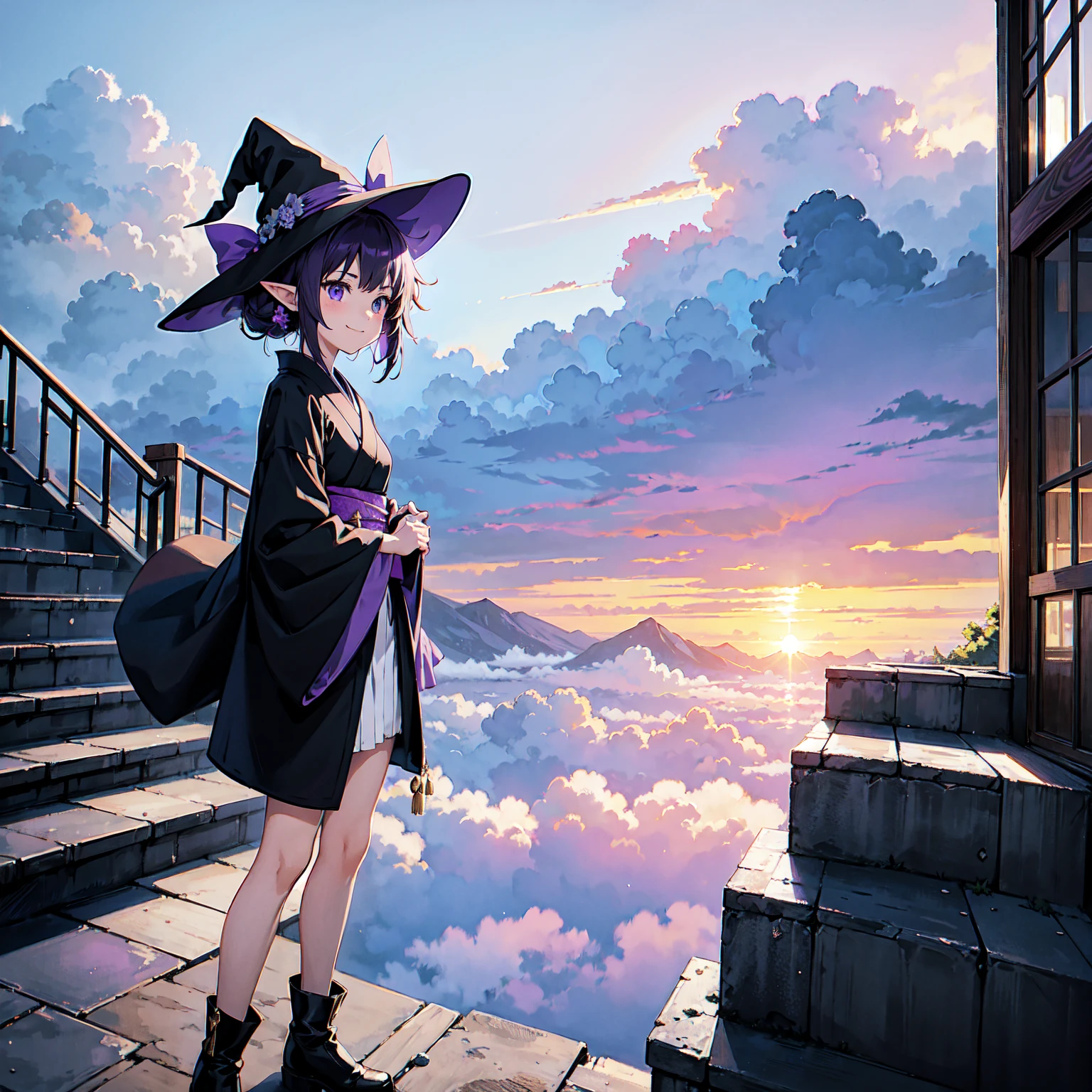 A girl with long violet-purple hair. A gentle, full smile. Pointy elf ears. Her clothes are simple: a black robe with wide sleeves and a black miniskirt. Her knees are showing. The front has a V-shaped white insert like a kimono. A witch's hat with purple ribbons on either side. Gentle face. Black boots. Background, bright painting, Makoto Shinkai, endless stairs only, floating long stairs, floating stairs in the air, stairs above clouds, illustration, nostalgic, vivid, above clouds, bright, fresh, sunset. A maze of connected stairs.