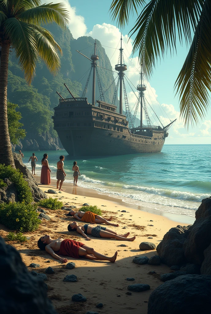 Shipwrecked ship destroyed on the shore of the beach with the Treasure scattered on the shores of the island, The Ark of the Covenant is on the shore, The bodies of the crew lie scattered on the sand, You can see vegetation and behind it indigenous people lurking