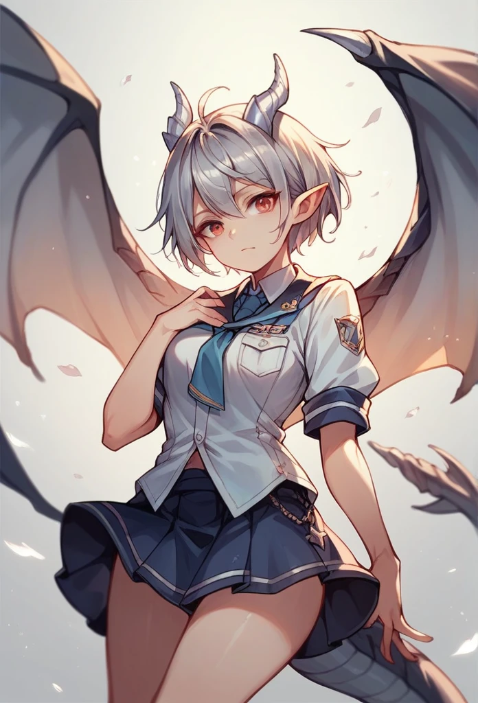 pretty girl,uniform,mini skirt,Silver short hair,Silver Dragon Horn,Silver Dragon Wings,Silver Dragon&#39;s Tail,Long sword on waist,Bad Smile,Black long boots,Medieval European town,whole body,