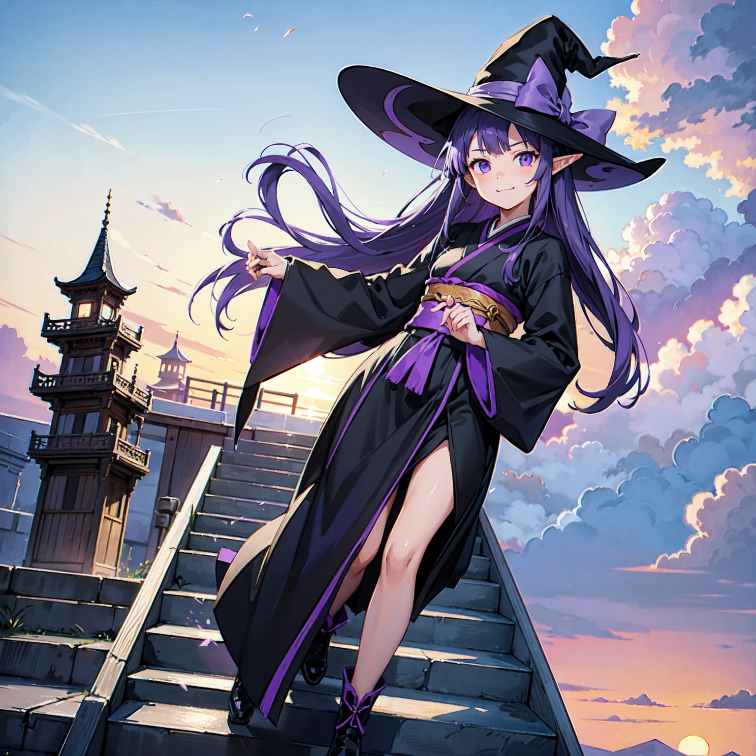 A girl with long violet-purple hair. A gentle, full smile. Pointy elf ears. Her clothes are simple: a black robe with wide sleeves and a black miniskirt. Her knees are showing. The front has a V-shaped white insert like a kimono. A witch's hat with purple ribbons on either side. Gentle face. Black boots. Background, bright painting, Makoto Shinkai, endless stairs only, floating long stairs, floating stairs in the air, stairs above clouds, illustration, nostalgic, vivid, above clouds, bright, fresh, sunset. A maze of connected stairs.