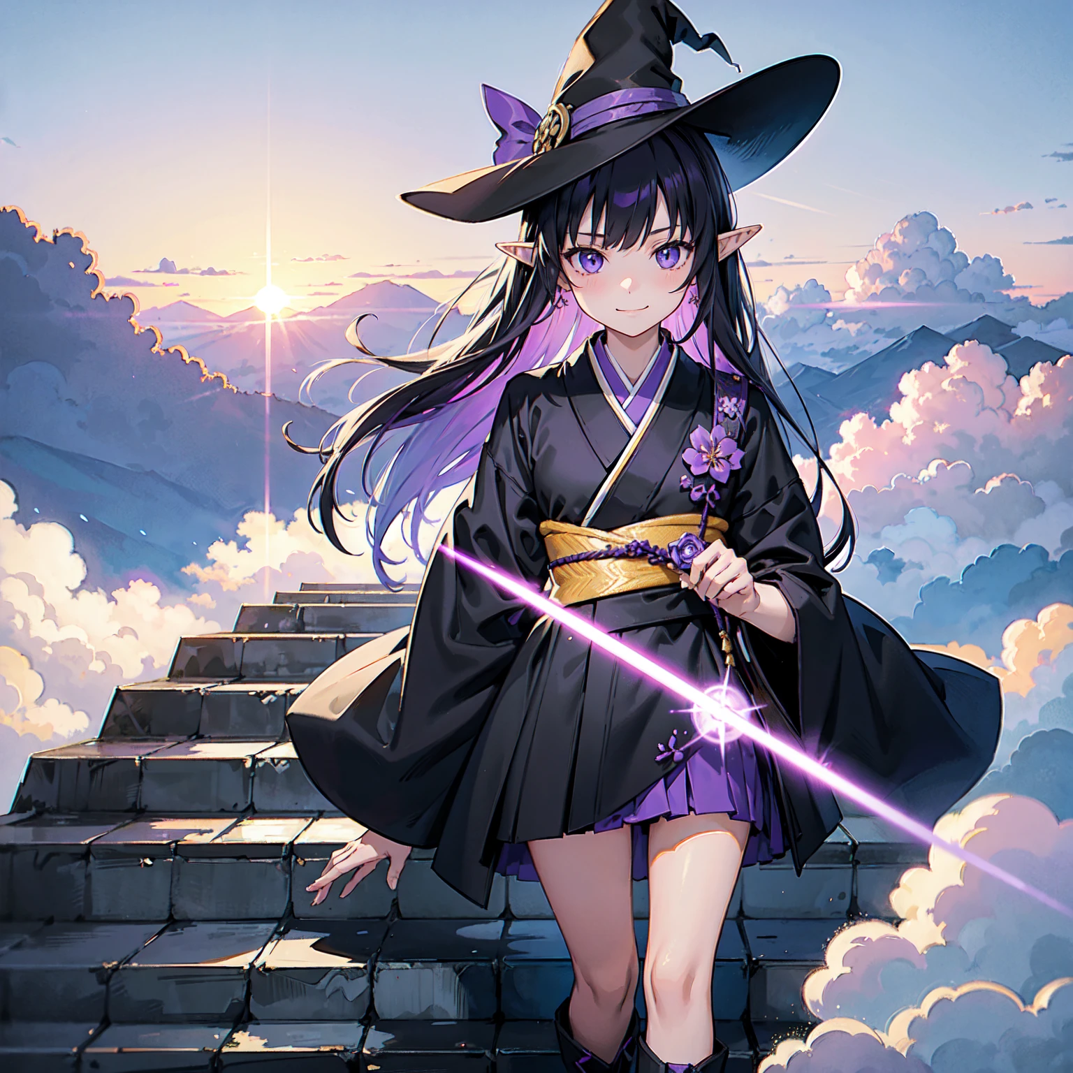 A girl with long violet-purple hair. A gentle, full smile. Pointy elf ears. Her clothes are simple: a black robe with wide sleeves and a black miniskirt. Her knees are showing. The front has a V-shaped white insert like a kimono. A witch's hat with purple ribbons on either side. Gentle face. Black boots. Background, bright painting, Makoto Shinkai, endless stairs only, floating long stairs, floating stairs in the air, stairs above clouds, illustration, nostalgic, vivid, above clouds, bright, fresh, sunset. A maze of connected stairs.