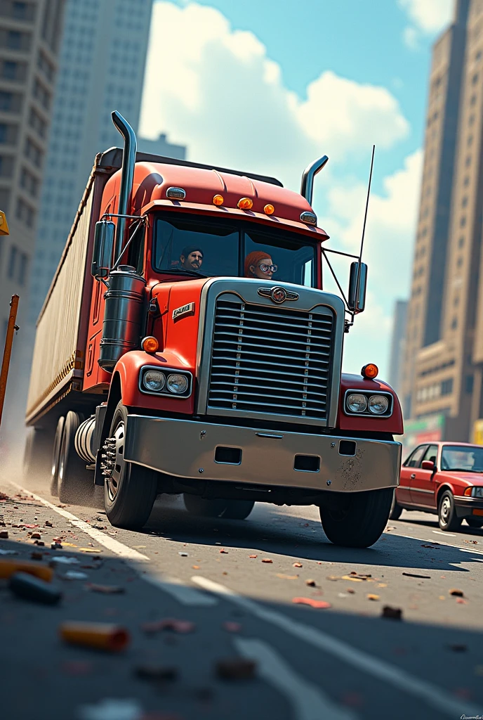 Truck hits a car