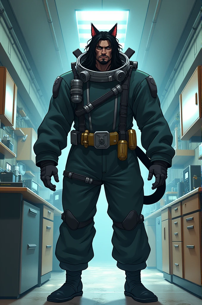 Male, Dark skin tall adult old, cat ears and tail, eyes, long wavy black hair, diving suit wide, big bulge in the pants, clothes, anime, in  laboratory