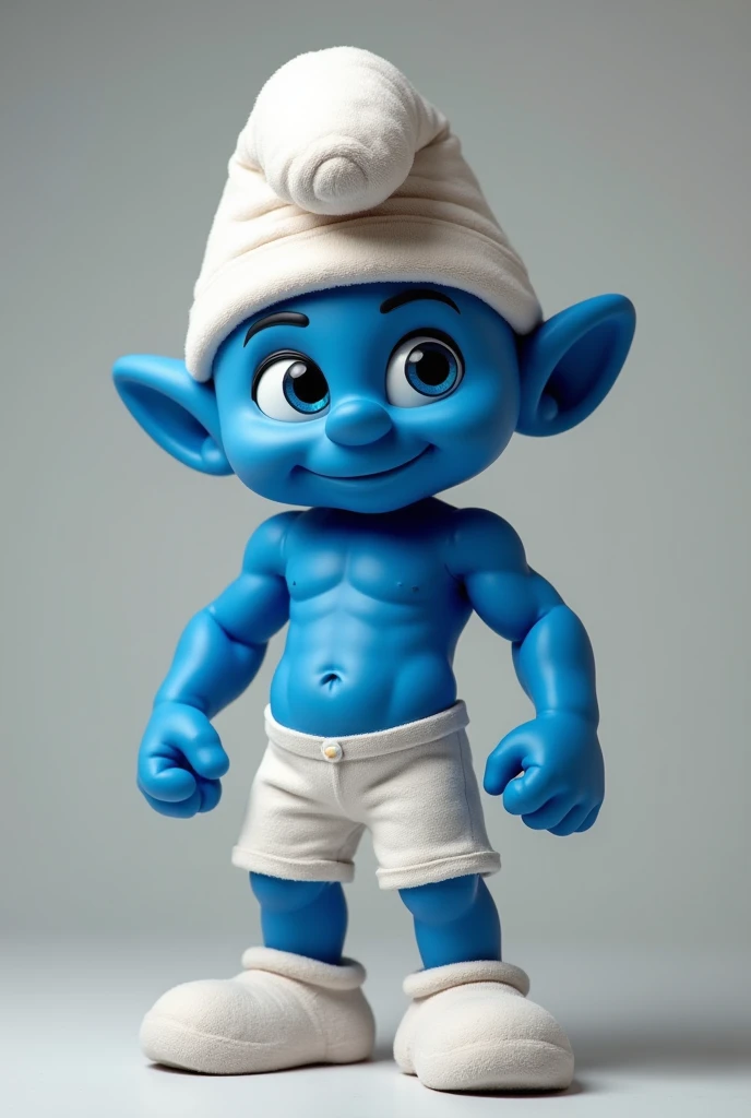 Create a muscular boy with a gym body dressed as a Smurf only having the characteristic hat while keeping his natural skin color