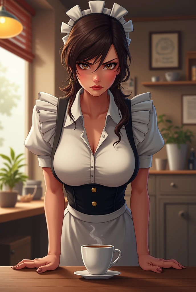 woman has a coffee shop maid angry and bored look on her face bends over on table, with Big tits
