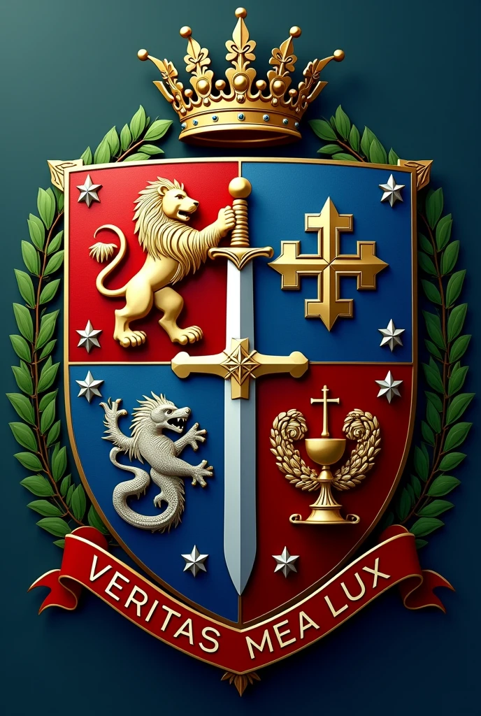 1. shield: No centro do escudo, em fundo cerulean profundo, put a golden lion, which symbolizes courage and nobility.
2. elsword: Crossing the lion vertically, put a silver sword, representing bravery and defense.
3. laurel crown: Ao redor do escudo, put on a green laurel wreath, which symbolizes victory and honor.
4. King crown: Above the shield, put on a golden king crown, symbolizing sovereignty and dignity.
5. stele: Adicione pequenas estrelas prateadas no fundo cerulean do escudo, intertwined with the cross of Christ, representing faith and divine guidance.
6. Latin phrase: At the bottom of the shield, in a red stripe, insert the Latin phrase “Veritas Mea Lux” in gold letters.
7. A shield divided into four parts that will place the lion, A dragon, the cross of Christ and serpent with a chalice.
The red color combination, cerulean, gold and green, along with the symbolic elements, will create an emblem that represents strength, honor and faith.
