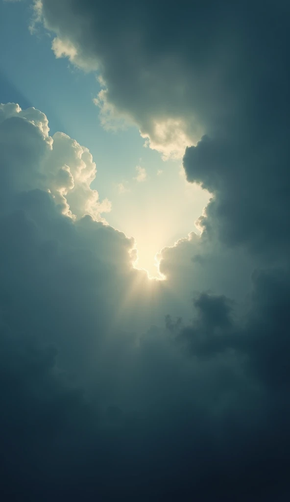Sacred Scenery: A background with a dramatic sky, dark clouds moving away to reveal divine light, representing protection against evil.