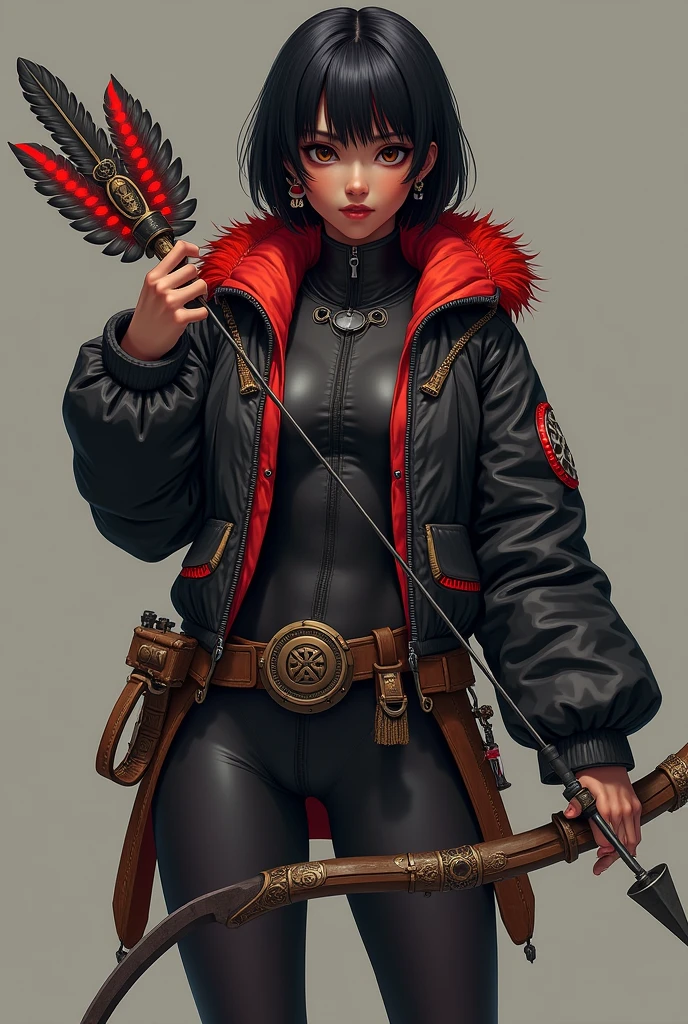 create a full body valorant game style art image, dark-skinned, indigenous traits, with straight short black hair, bangs and red highlights, light brown slanted eyes, with a feather earring and a wetsuit-like outfit and a black and red jacket with feathers, holding a bow with red LED and carved wood details