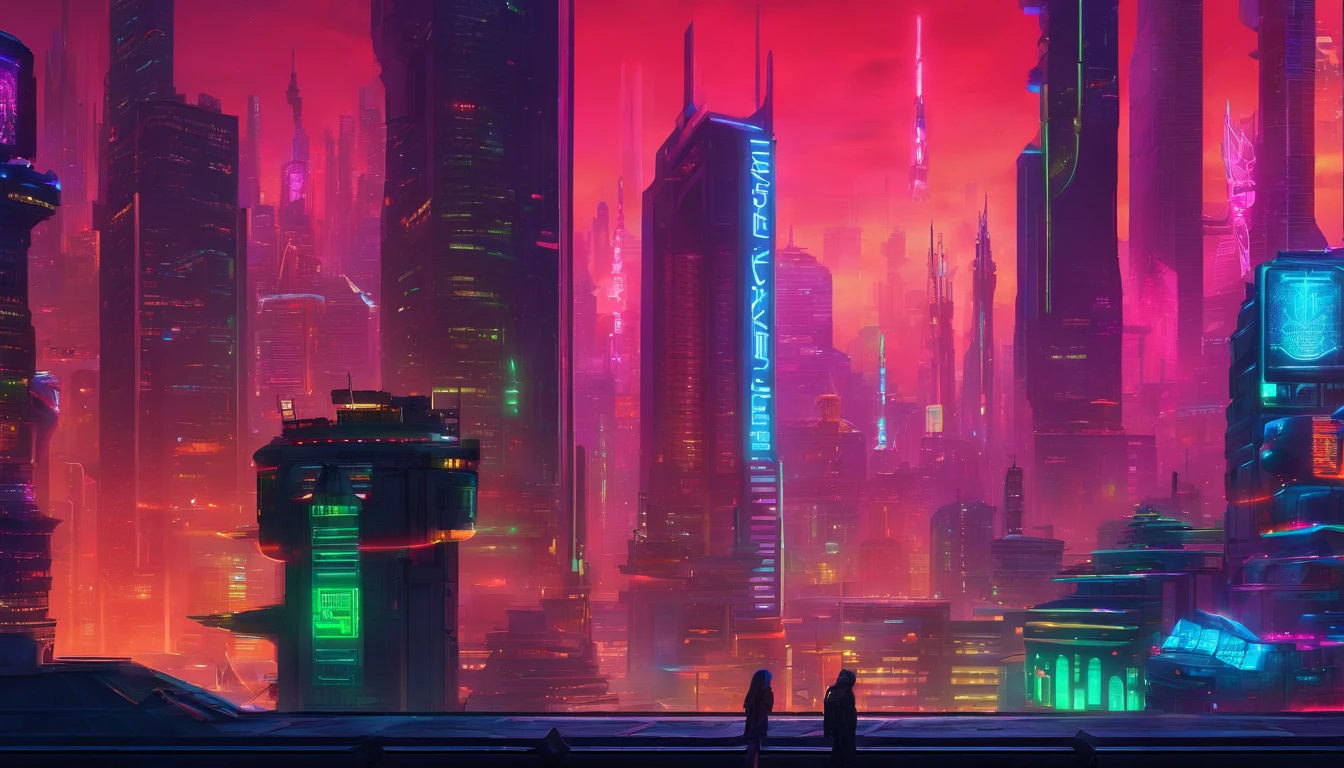 A city with many buildings and a super hero tower name TROGW and red,blue,green and pink aura surrounded it