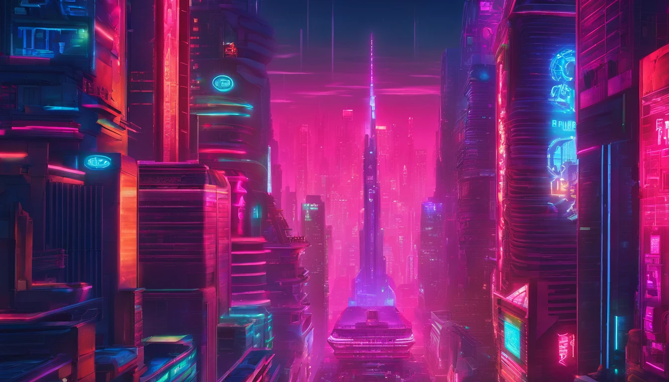 A city with many buildings and a super hero tower name TROGW and red,blue,green and pink aura surrounded it