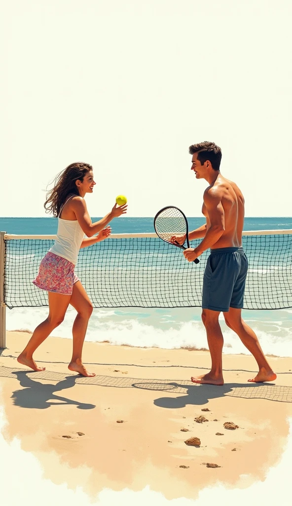 a woman and a man in a drawing, playing beach tennis on the beach with court and net,