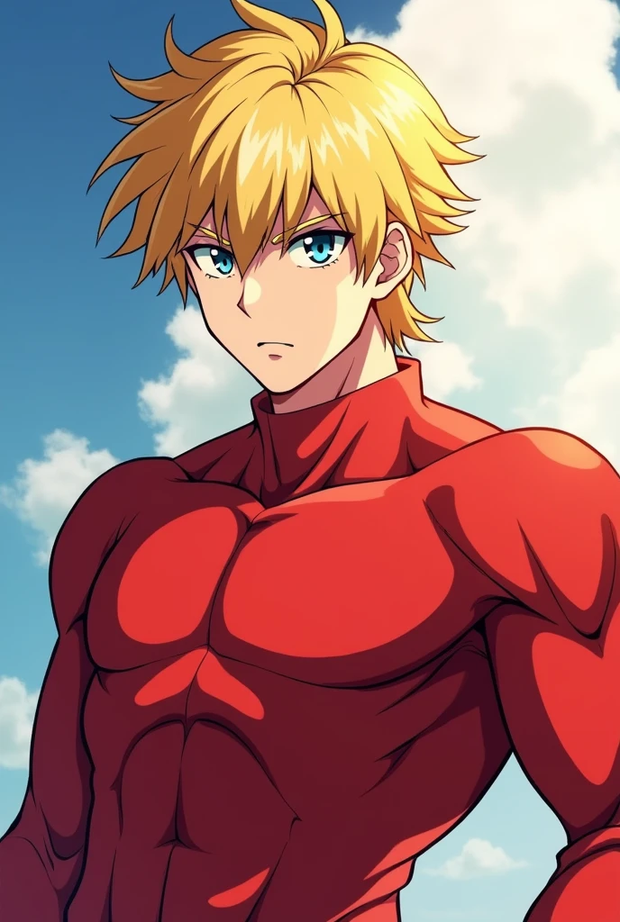 styled: アニメ, inspired by the Knights of the Zodiac.
body hair: blond, with a cut similar to Seiya's, but with a more pronounced tuft. The hair should have a slight upward movement., giving a more relaxed air. It's a male character, not a woman, and a male character, and the red long-sleeved shirt fits snugly to the body. Eyes: blue, expressive and with an intense shine.
vestimentas:
Base: Red cotton t-shirt, tight-fitting and long-sleeved.