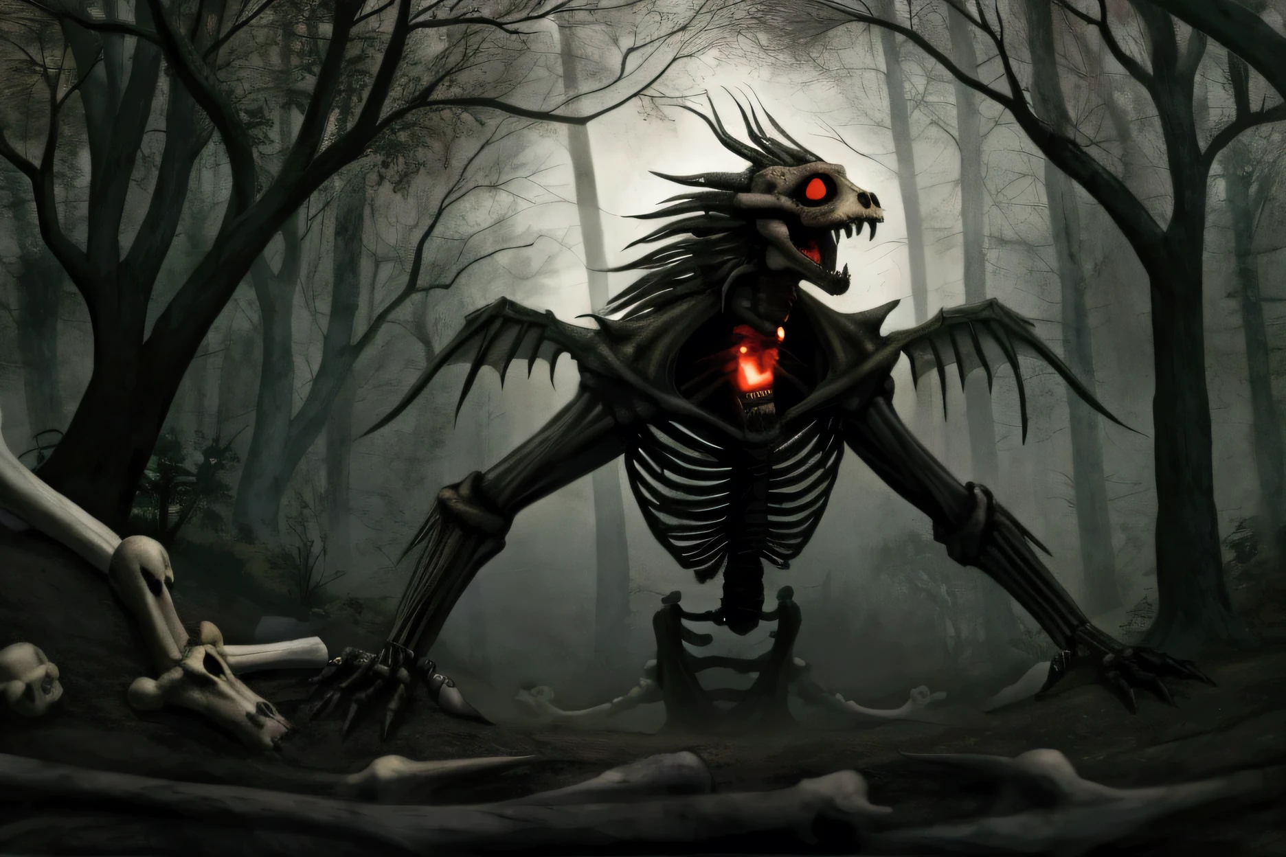 red eyes, absence of flesh, living dragon skeleton, dark forest, horror, open mouth, sharp fangs, bone wings, Bones, hollow eyes, creepy lighting, chiaroscuro, depth of field, atmospheric perspective, panorama, masterpiece, anatomically correct, 8k, best quality, highres