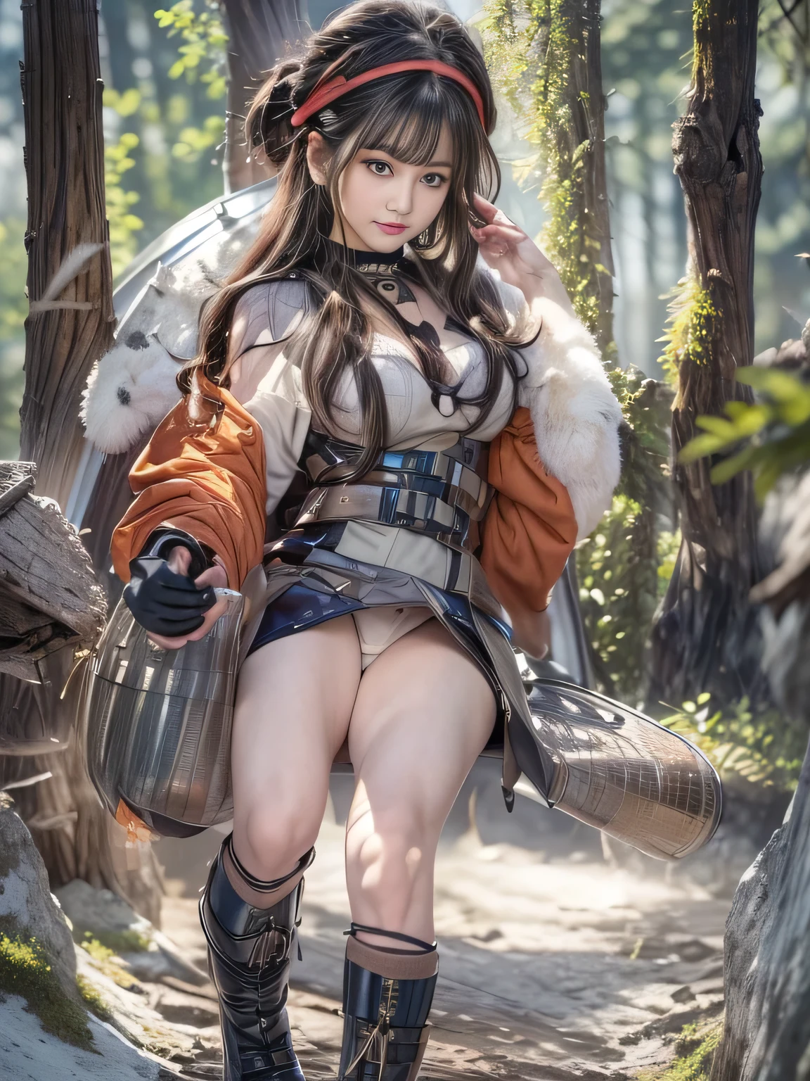 Very beautiful woman, Highly detailed eyes, Highly detailed face, Sexy and highly detailed lips, Super detailed everything, Attractive woman, Black choker, blue eyes, Very long eyelashes, bangs, Big Breasts, , Highest quality, masterpiece, ((Slim face)), Japanese actress, servant, ((High nose)), ((Mountaineering wear、Hunter Equipment), Happy atmosphere, , ((forest, Deep in the mountains)), mini skirt, ((camp、tent)),During meals