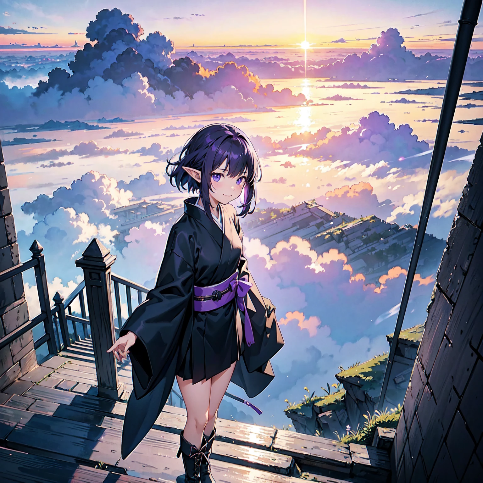 A girl with long violet-purple hair. A gentle, full smile. Pointy elf ears. Her clothes are simple: a black robe with wide sleeves and a black miniskirt. Her knees are showing. The front has a V-shaped white insert like a kimono. A witch's hat with purple ribbons on either side. Gentle face. Black boots. Background, bright painting, Makoto Shinkai, endless stairs only, floating long stairs, floating stairs in the air, stairs above clouds, illustration, nostalgic, vivid, above clouds, bright, fresh, sunset. A maze of connected stairs.