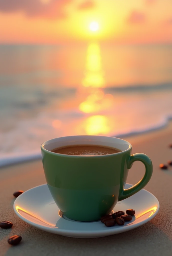 Green cup of coffee plate sunrise beach coffee beans