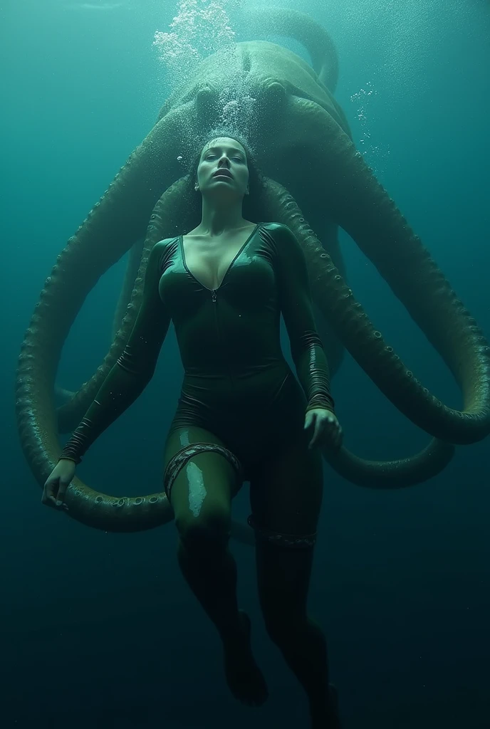 (high quality), (ultra quality), masterpiece, a woman is underwater wearing a tight wetsuit is captured and tied by the tentacles of a giant sea monster, underwater, (under water), drowning, gasping for breath, suffocating, glossy wetsuit, horror, giant creature, scary monster, ((tentacle monster)), many tentacles, long tentacles, raped, abused, penetrated, bondage, captive, stuck underwater, struggling, anxious, scared, terrified, perfect body, large breasts, deep under water, alien creature, lovecraftian horror, tentacles wrapped around body, trapped