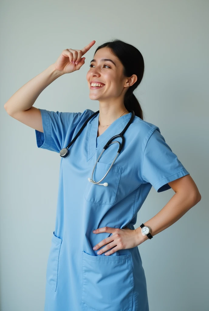 A doctor in uniform and stethoscope looking at the camera, smile and with arm raised and index finger pointing to the side
