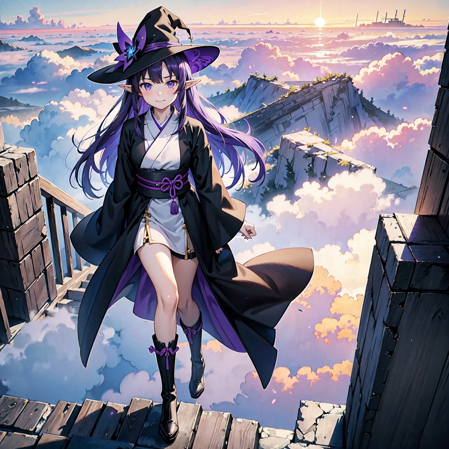 A girl with long violet-purple hair. A gentle, full smile. Pointy elf ears. Her clothes are simple: a black robe with wide sleeves and a black miniskirt. Her knees are showing. The front has a V-shaped white insert like a kimono. A witch's hat with purple ribbons on either side. Gentle face. Black boots. Background, bright painting, Makoto Shinkai, endless stairs only, floating long stairs, floating stairs in the air, stairs above clouds, illustration, nostalgic, vivid, above clouds, bright, fresh, sunset. A maze of connected stairs.