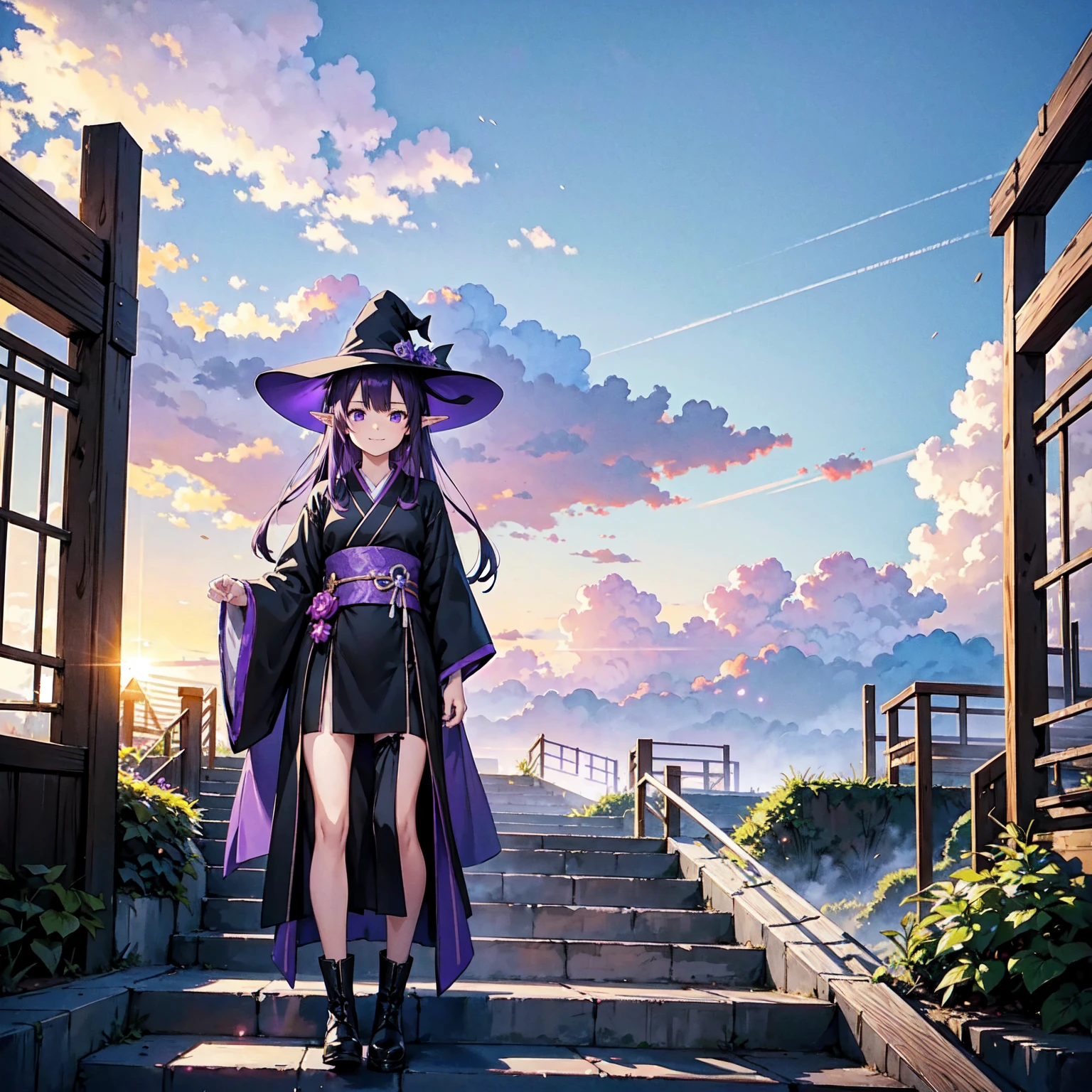 A girl with long violet-purple hair. A gentle, full smile. Pointy elf ears. Her clothes are simple: a black robe with wide sleeves and a black miniskirt. Her knees are showing. The front has a V-shaped white insert like a kimono. A witch's hat with purple ribbons on either side. Gentle face. Black boots. Background, bright painting, Makoto Shinkai, endless stairs only, floating long stairs, floating stairs in the air, stairs above clouds, illustration, nostalgic, vivid, above clouds, bright, fresh, sunset. A maze of connected stairs.