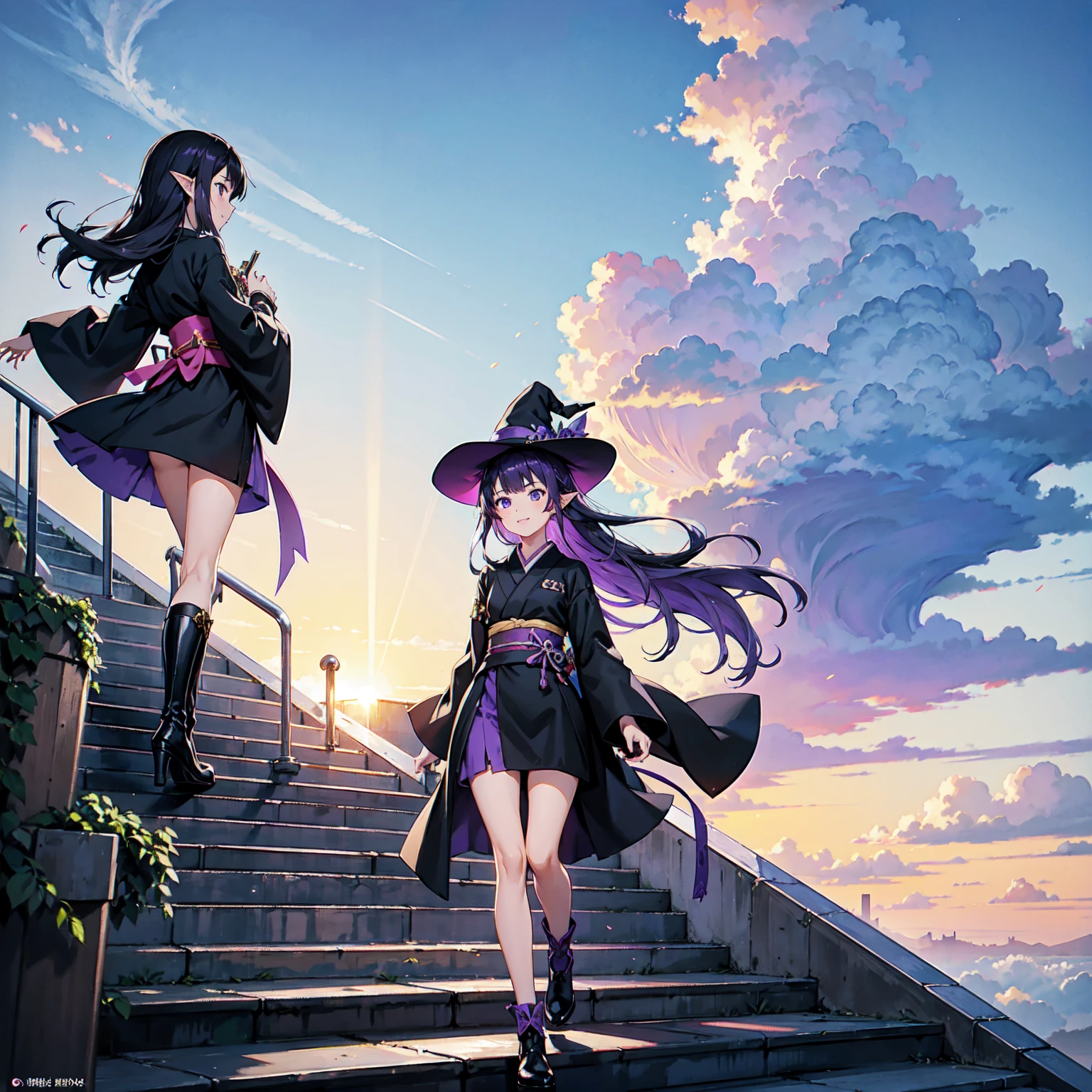 A girl with long violet-purple hair. A gentle, full smile. Pointy elf ears. Her clothes are simple: a black robe with wide sleeves and a black miniskirt. Her knees are showing. The front has a V-shaped white insert like a kimono. A witch's hat with purple ribbons on either side. Gentle face. Black boots. Background, bright painting, Makoto Shinkai, endless stairs only, floating long stairs, floating stairs in the air, stairs above clouds, illustration, nostalgic, vivid, above clouds, bright, fresh, sunset. A maze of connected stairs.