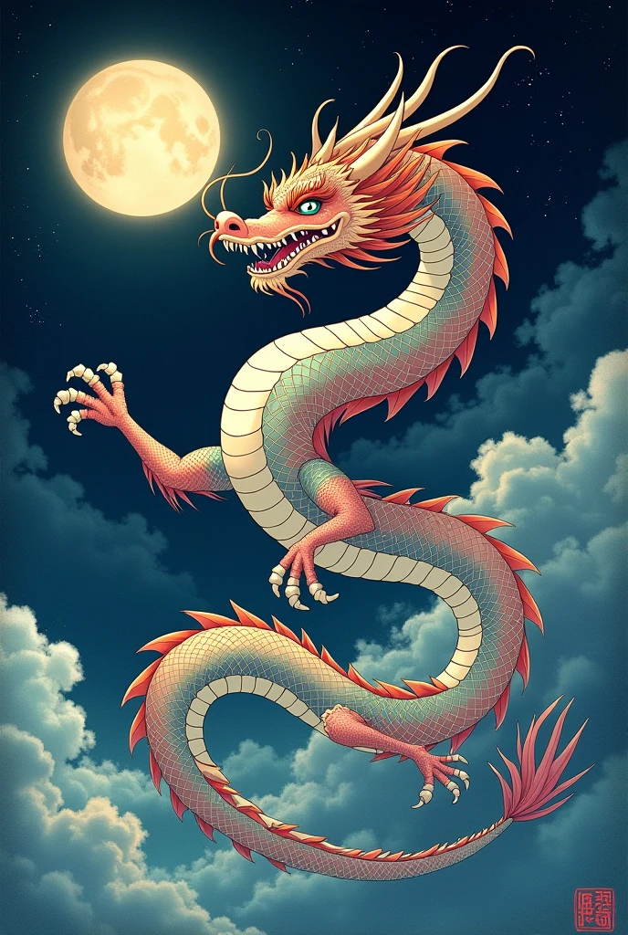 A japanese dragon floating in the sky with a moon