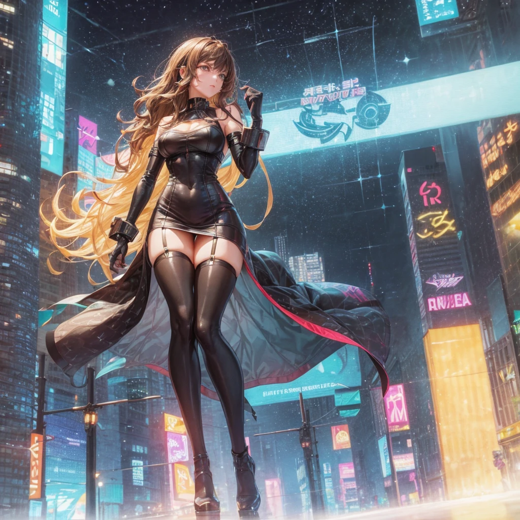 Sure, here's a prompt for you:
"A futuristic girl stands confidently in the bustling heart of a neon-lit city. She has wavy brown hair that cascades down to her shoulders, complementing her bold and daring look. Her outfit consists of a sleek, high-tech mini skirt with metallic accents and thigh-high stockings that add a touch of elegance and strength. The cityscape around her is vibrant and alive, with towering skyscrapers and colorful holographic advertisements illuminating the night. She is a beacon of style and modernity in this advanced urban jungle." NO HENTAI NOOOOOOO