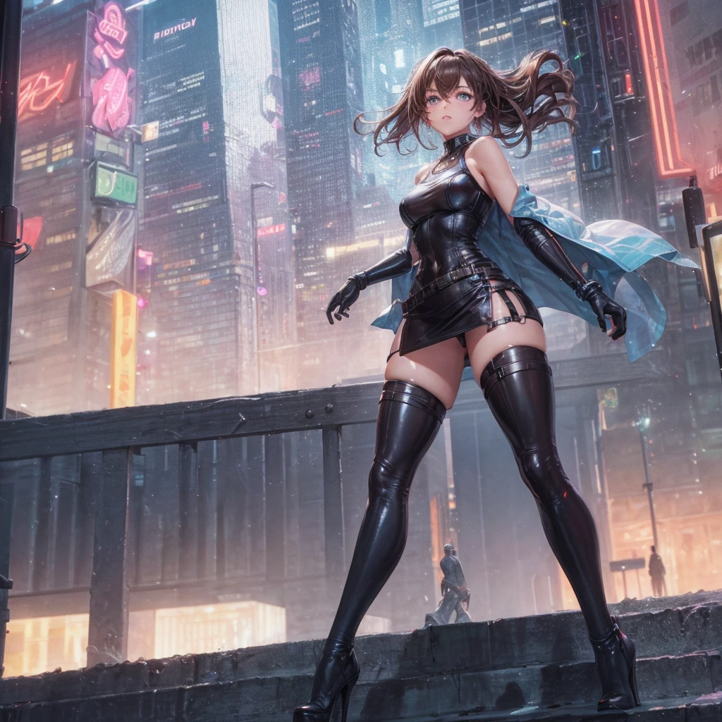 Sure, here's a prompt for you:
"A futuristic girl stands confidently in the bustling heart of a neon-lit city. She has wavy brown hair that cascades down to her shoulders, complementing her bold and daring look. Her outfit consists of a sleek, high-tech mini skirt with metallic accents and thigh-high stockings that add a touch of elegance and strength. The cityscape around her is vibrant and alive, with towering skyscrapers and colorful holographic advertisements illuminating the night. She is a beacon of style and modernity in this advanced urban jungle." NO HENTAI NOOOOOOO