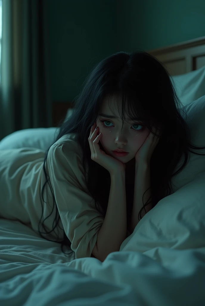 Woman 20-25 years old, Black-haired girl with green eyes crying in the corner of her bed collapsed on her knees while she dries her disheveled tears, pale white pretty at night looking at her hands while crying