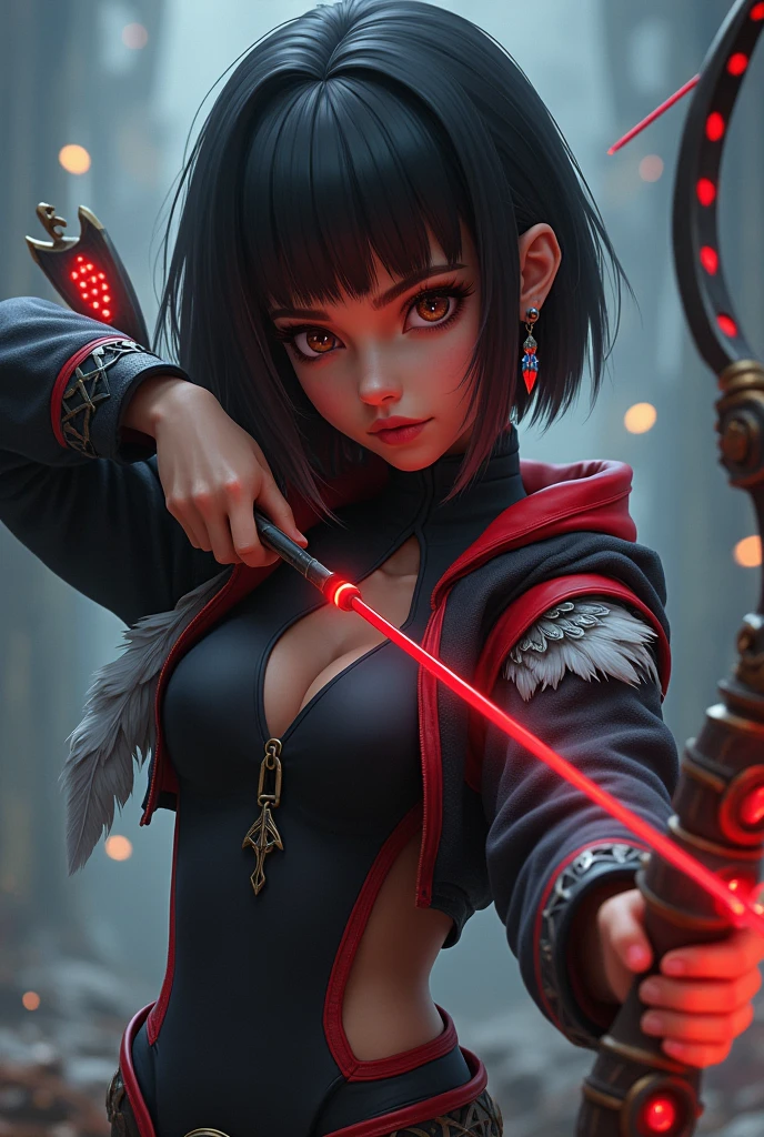 create a full body valorant game style art image, dark-skinned, indigenous traits, with straight short black hair, bangs and red highlights, light brown slanted eyes, with a feather earring and a wetsuit-like outfit and a black and red jacket with feathers, holding a bow with red LED and carved wood details