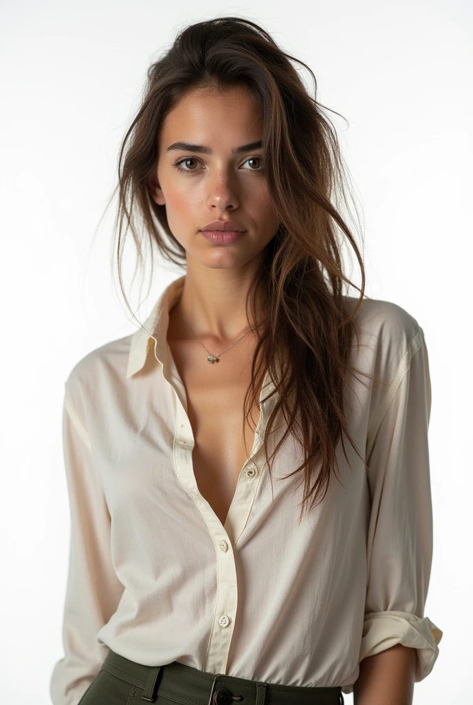 A young woman with a determined expression, wearing a slightly disheveled office outfit, her blouse slightly unbuttoned, revealing a hint of skin. Her gaze is intense, reflecting both vulnerability and resilience. The background is plain white