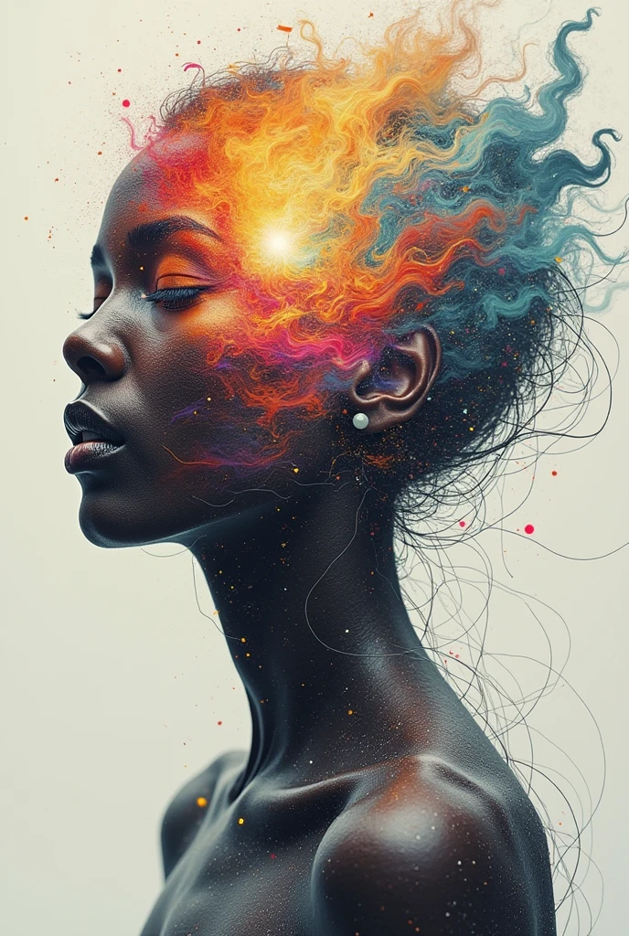 I AM A WORK OF ART THAT COMBINES DIFFERENT WORLDS A PERFECT FRONT-FACED PORTRAIT OF DIFFERENT RACES THAT SEES EVERYTHING AND USES ALL THE ELEMENTS OF OTHER WORLDS surreal that IS the abstract form of a beautiful woman. His figure is composed entirely of intertwined SURREAL CHAOS that come in and out, forming A BODY FROM ANOTHER WORLD. THINGS vary in thickness, some daring and others fine, creating a sensation of depth and movement, reveals a serene and hopeful expression. The background is a dreamlike swirl of soft pastel colors that blend seamlessly with the lines., suggesting an otherworldly landscape. Subtle touches of light radiate from its shape, symbolizing hope and inner strength, as if emerging from chaos into a world of possibilities. The overall effect is both delicate and powerful., and captures the essence of beauty and hope in an abstract and surreal style. NOTABLE DEPTH OF FIELD RULE OF THIRDS 24K PHOTOSHOP-LIKE FINISH COMBINES BLACK AND WHITE WITH BRIGHT COLORS