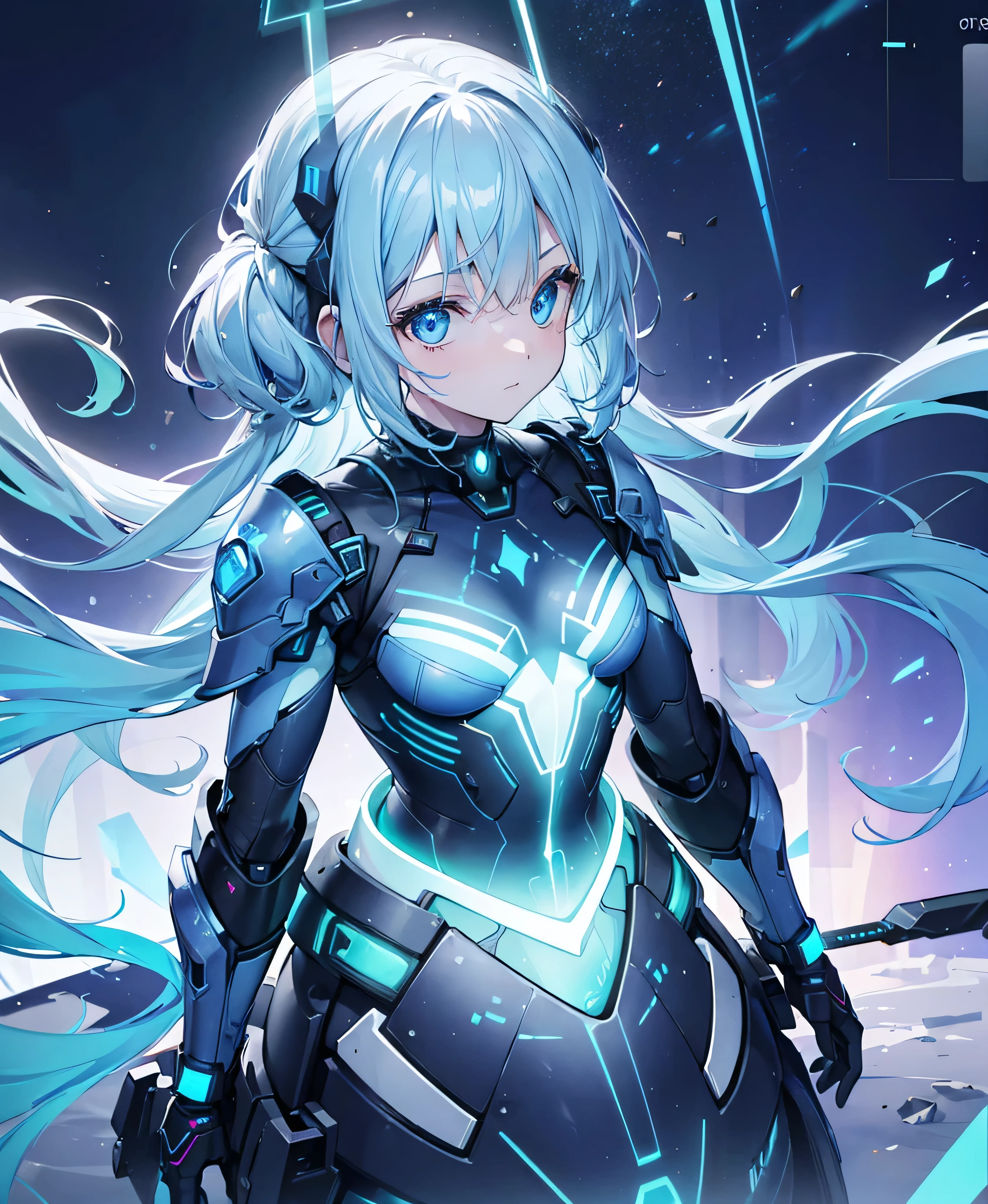 ((Holographic glow effect)),8k, Highest quality, (real:1.4), Original photo, 1 girl, Asari Hair, Biological Amplifier, refined armor, posture: Peace talks between warring factions, smart blue eyes,whole body