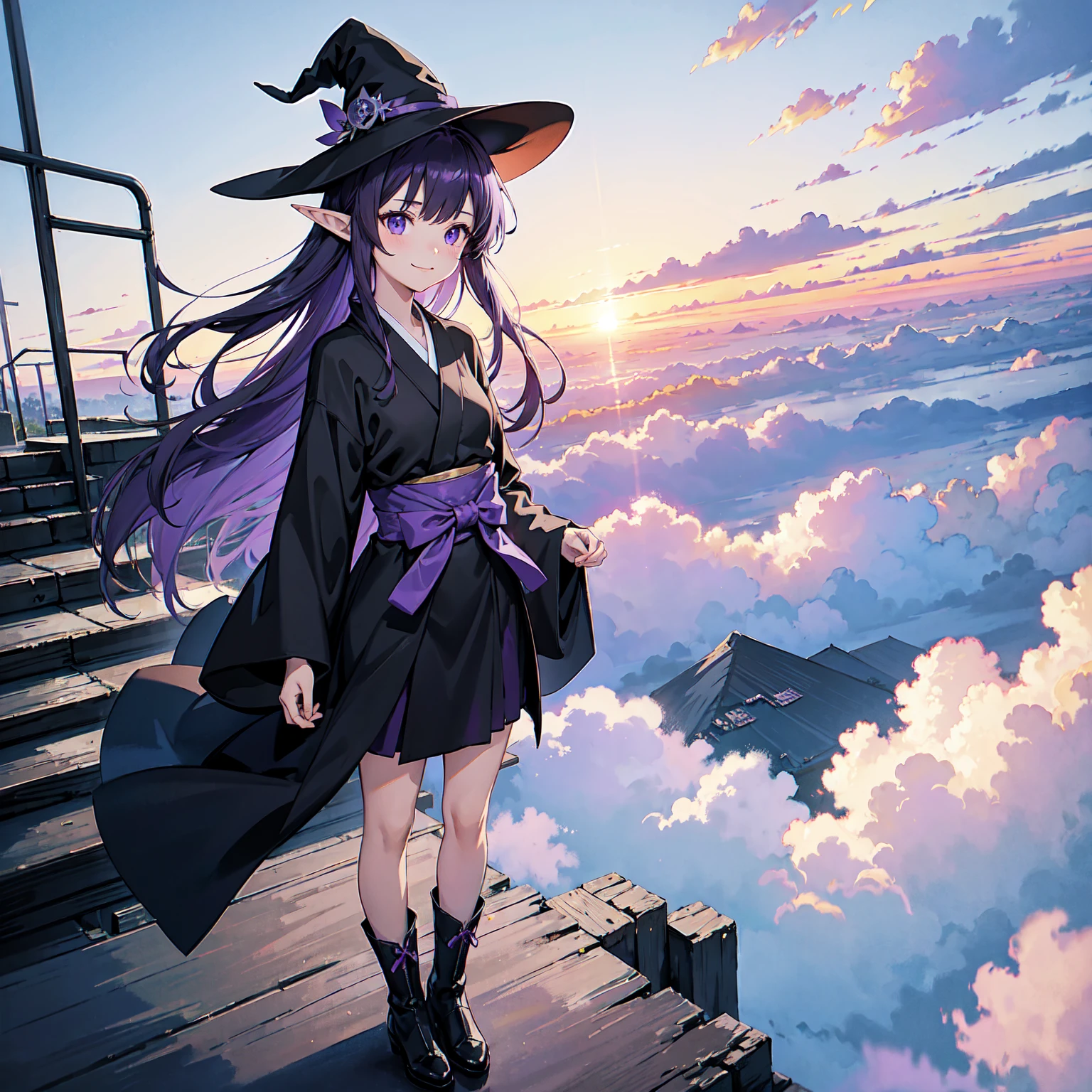 A girl with long violet-purple hair. A gentle, full smile. Pointy elf ears. Her clothes are simple: a black robe with wide sleeves and a black miniskirt. Her knees are showing. The front has a V-shaped white insert like a kimono. A witch's hat with purple ribbons on either side. Gentle face. Black boots. Background, bright painting, Makoto Shinkai, endless stairs only, floating long stairs, floating stairs in the air, stairs above clouds, illustration, nostalgic, vivid, above clouds, bright, fresh, sunset. A maze of connected stairs.