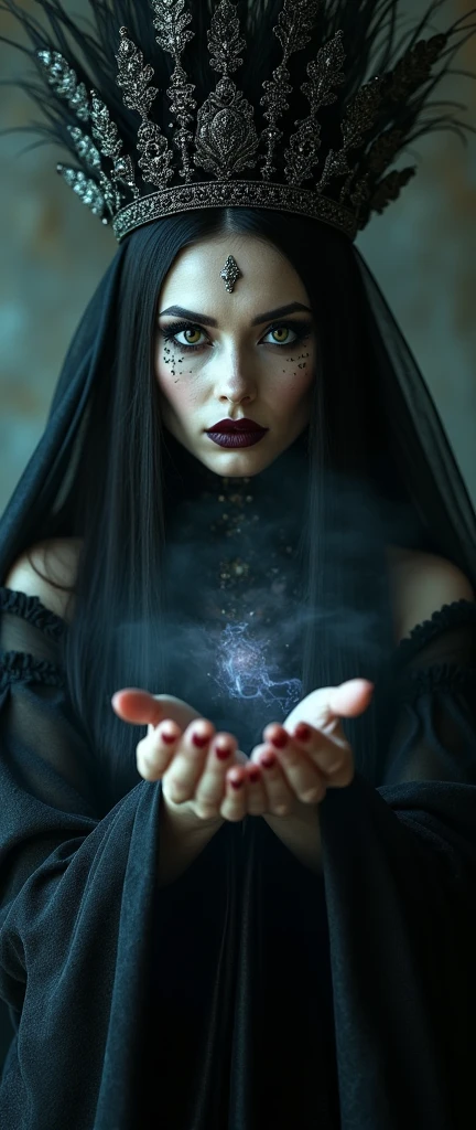 a horror portrait of a beautiful sorceress, extremely detailed eyes and face, long eyelashes, detailed makeup, elaborate headdress, dark mysterious flowing dress, dark magical energy emanating from her hands, dramatic lighting, dark moody colors, (best quality,8k,highres,masterpiece:1.2),cinematic lighting,dark fantasy,dark magic,dramatic atmosphere,gothic,dark surreal