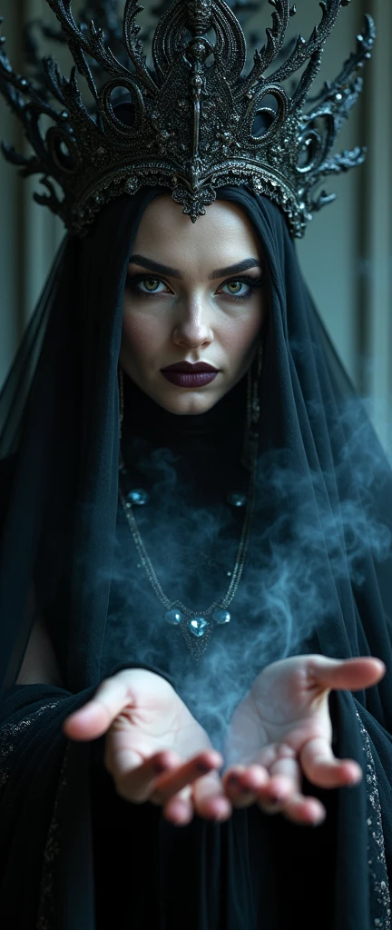 a horror portrait of a beautiful sorceress, extremely detailed eyes and face, long eyelashes, detailed makeup, elaborate headdress, dark mysterious flowing dress, dark magical energy emanating from her hands, dramatic lighting, dark moody colors, (best quality,8k,highres,masterpiece:1.2),cinematic lighting,dark fantasy,dark magic,dramatic atmosphere,gothic,dark surreal