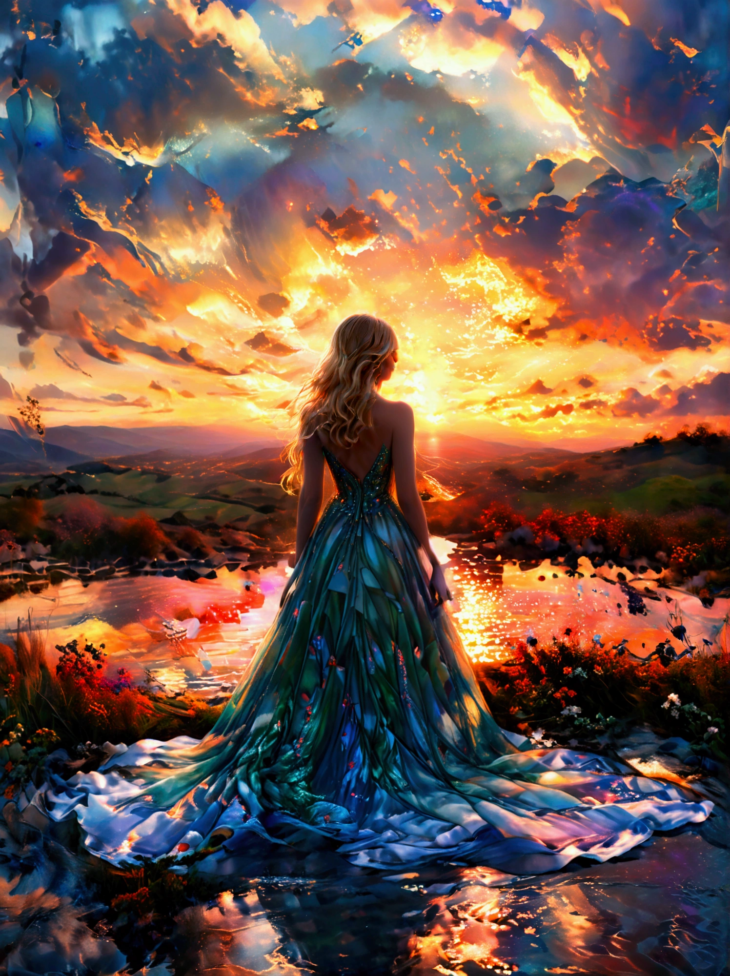 A breathtaking and ethereal woman standing in a serene landscape at sunset, with the warm glow of the setting sun casting a golden light over the scene. She is wearing a stunning, flowing gown that appears to be made of stained glass, with intricate patterns of vibrant colors—blues, greens, oranges, and purples—creating a mosaic effect. The dress sparkles as it catches the fading light, resembling a work of art. Her wings, matching the stained glass theme, are large and delicate, with the same colorful mosaic design, glowing as the sunlight filters through them. Her blonde hair flows gently in the breeze, adding to her angelic and otherworldly appearance. She stands by a reflective pool of water, which mirrors the vibrant colors of her dress and wings, enhancing the dreamlike quality of the image. The background features an open field under a dramatic sky, with soft clouds illuminated by the rich colors of the sunset, creating a scene of peace, beauty, and wonder.