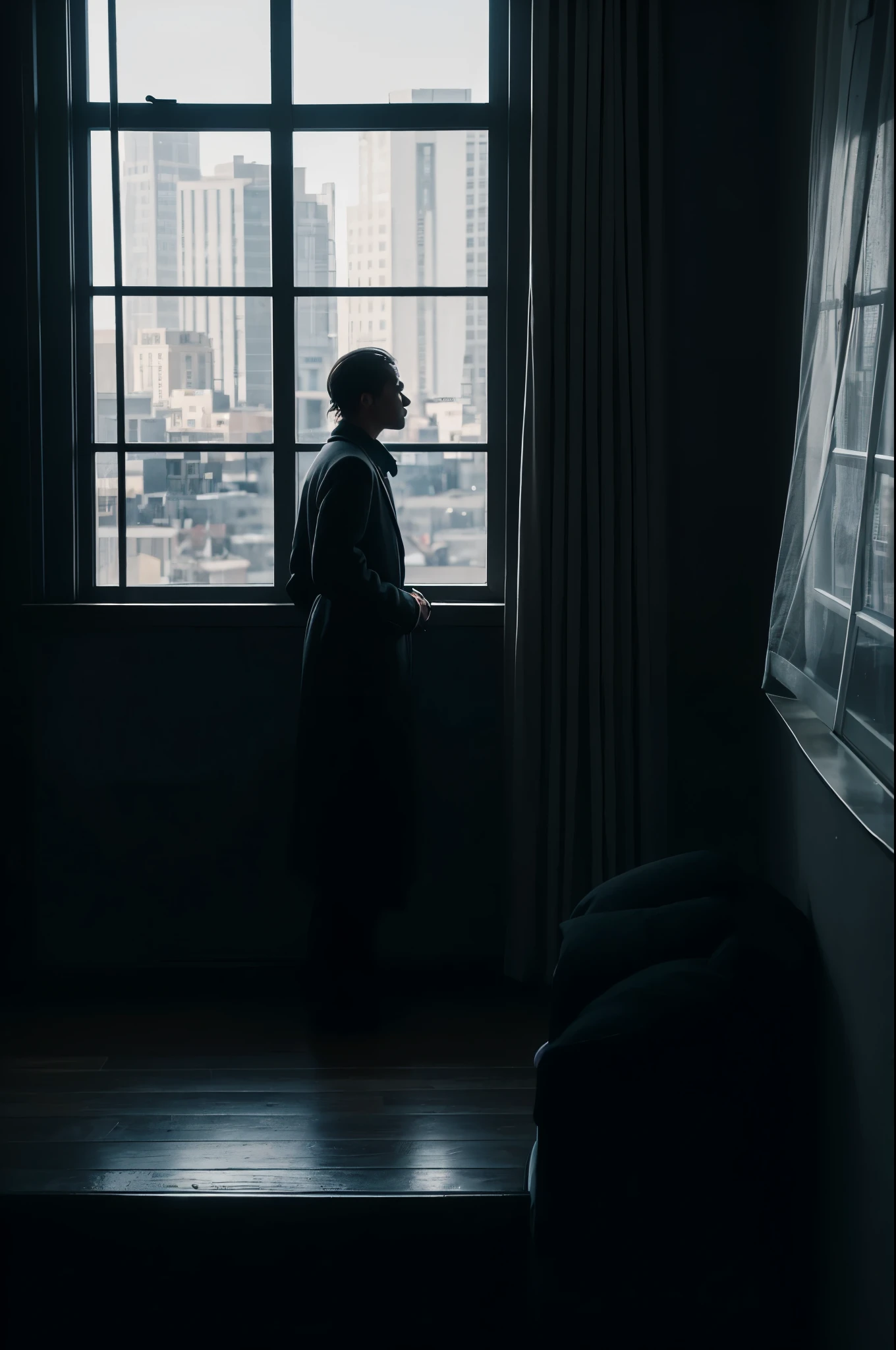 A poignant portrait photograph black-and-white capturing the fleeting nature of time. A solitary figure, perhaps Lev Tolstoj sits by a window, lost in thought. The window frames an outdoor scene of bustling city life, with people moving quickly, reflecting the passage of time. The room has an air of melancholy, with subtle shades of blue and gray, giving the image a contemplative and introspective atmosphere, portrait photography. ultra hd. 8k resolution