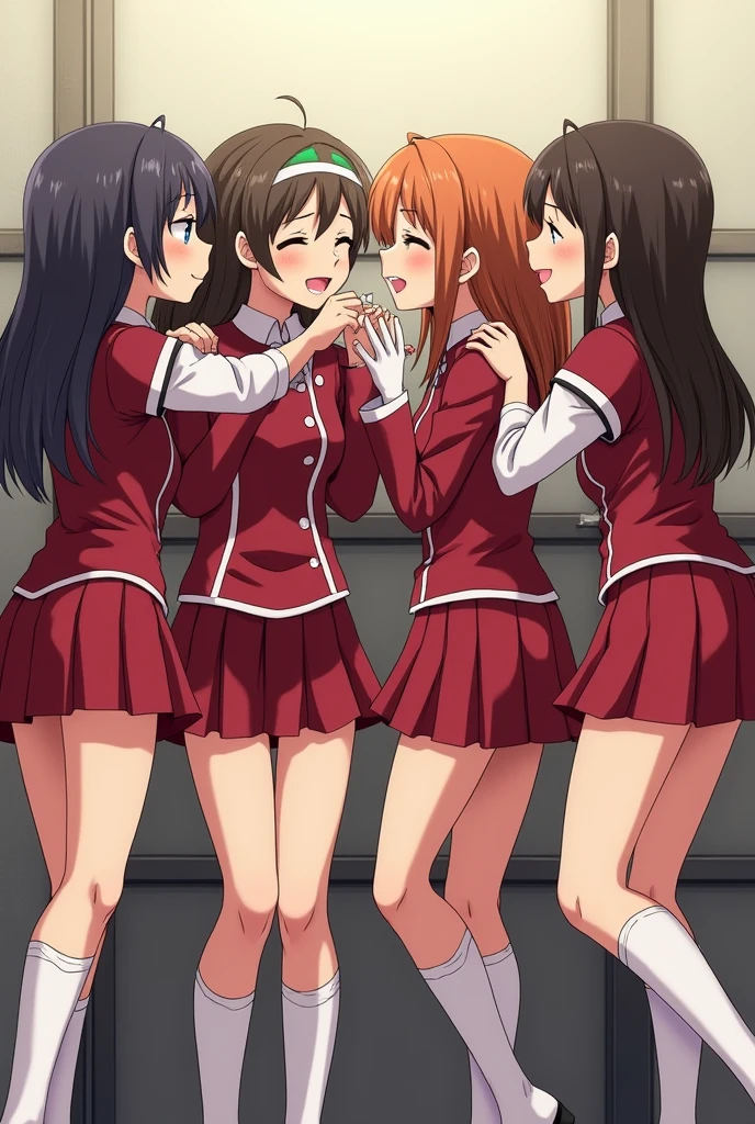 detailed picture of 4 extremely cute and beautiful marching band girls kissing in short skirts showing panties