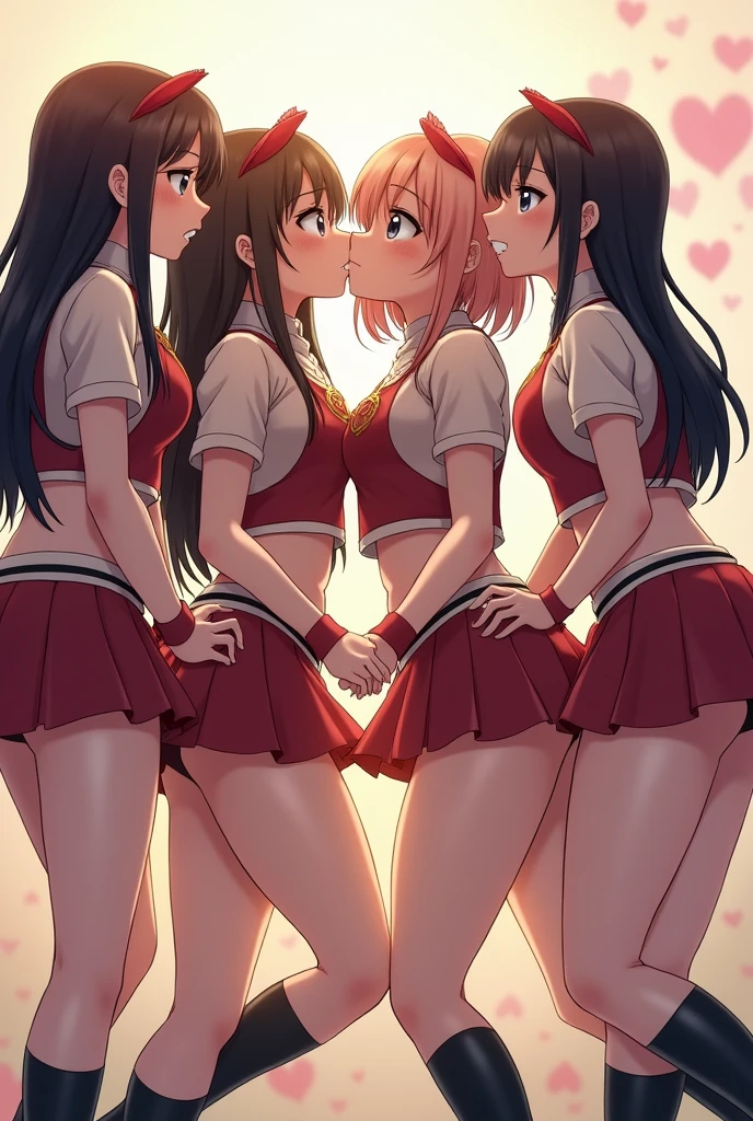 detailed picture of 4 extremely cute and beautiful marching band girls kissing in short skirts showing panties