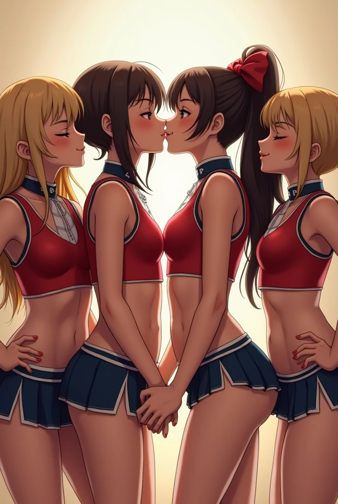 detailed picture of 4 extremely cute and beautiful marching band girls kissing in short skirts showing panties