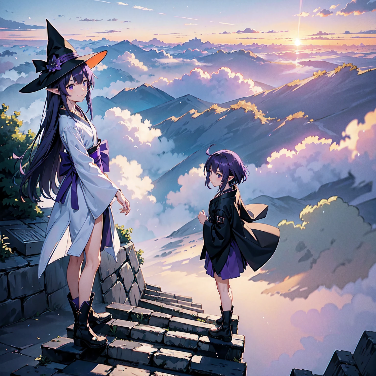 A girl with long violet-purple hair. A gentle, full smile. Pointy elf ears. Her clothes are simple: a black robe with wide sleeves and a black miniskirt. Her knees are showing. The front has a V-shaped white insert like a kimono. A witch's hat with purple ribbons on either side. Gentle face. Black boots. Background, bright painting, Makoto Shinkai, endless stairs only, floating long stairs, floating stairs in the air, stairs above clouds, illustration, nostalgic, vivid, above clouds, bright, fresh, sunset. A maze of connected stairs.