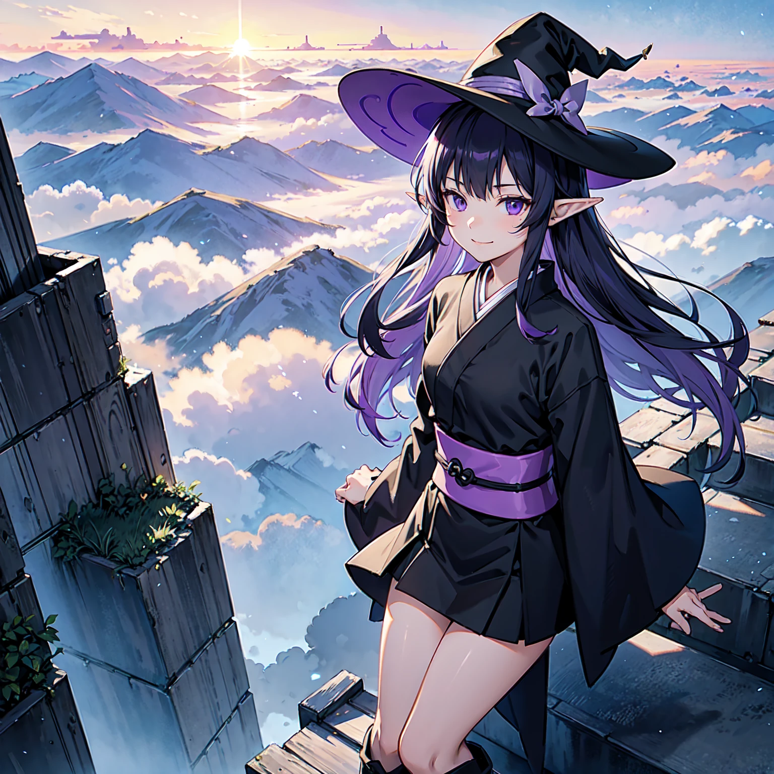 A girl with long violet-purple hair. A gentle, full smile. Pointy elf ears. Her clothes are simple: a black robe with wide sleeves and a black miniskirt. Her knees are showing. The front has a V-shaped white insert like a kimono. A witch's hat with purple ribbons on either side. Gentle face. Black boots. Background, bright painting, Makoto Shinkai, endless stairs only, floating long stairs, floating stairs in the air, stairs above clouds, illustration, nostalgic, vivid, above clouds, bright, fresh, sunset. A maze of connected stairs.