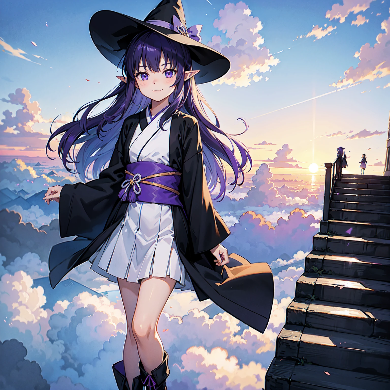 A girl with long violet-purple hair. A gentle, full smile. Pointy elf ears. Her clothes are simple: a black robe with wide sleeves and a black miniskirt. Her knees are showing. The front has a V-shaped white insert like a kimono. A witch's hat with purple ribbons on either side. Gentle face. Black boots. Background, bright painting, Makoto Shinkai, endless stairs only, floating long stairs, floating stairs in the air, stairs above clouds, illustration, nostalgic, vivid, above clouds, bright, fresh, sunset. A maze of connected stairs.