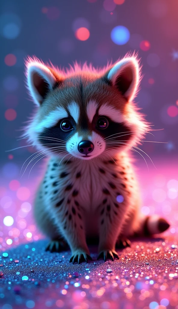 A captivating and whimsical conceptual photograph featuring a delightfully fluffy raccoon, adorned with a playful leopard fur pattern. The raccoon is surrounded by vibrant and enchanting iridescent glitter that creates a shimmering gradient of colors, ranging from deep purple to royal blue to soft pink. The glitter particles scatter around the scene, giving off a festive, disco-ball-like atmosphere. The photograph's luxurious, versatile design makes it suitable for various applications, including fashion, photography, 3D renderings, and conceptual art., photo, 3d render, conceptual art