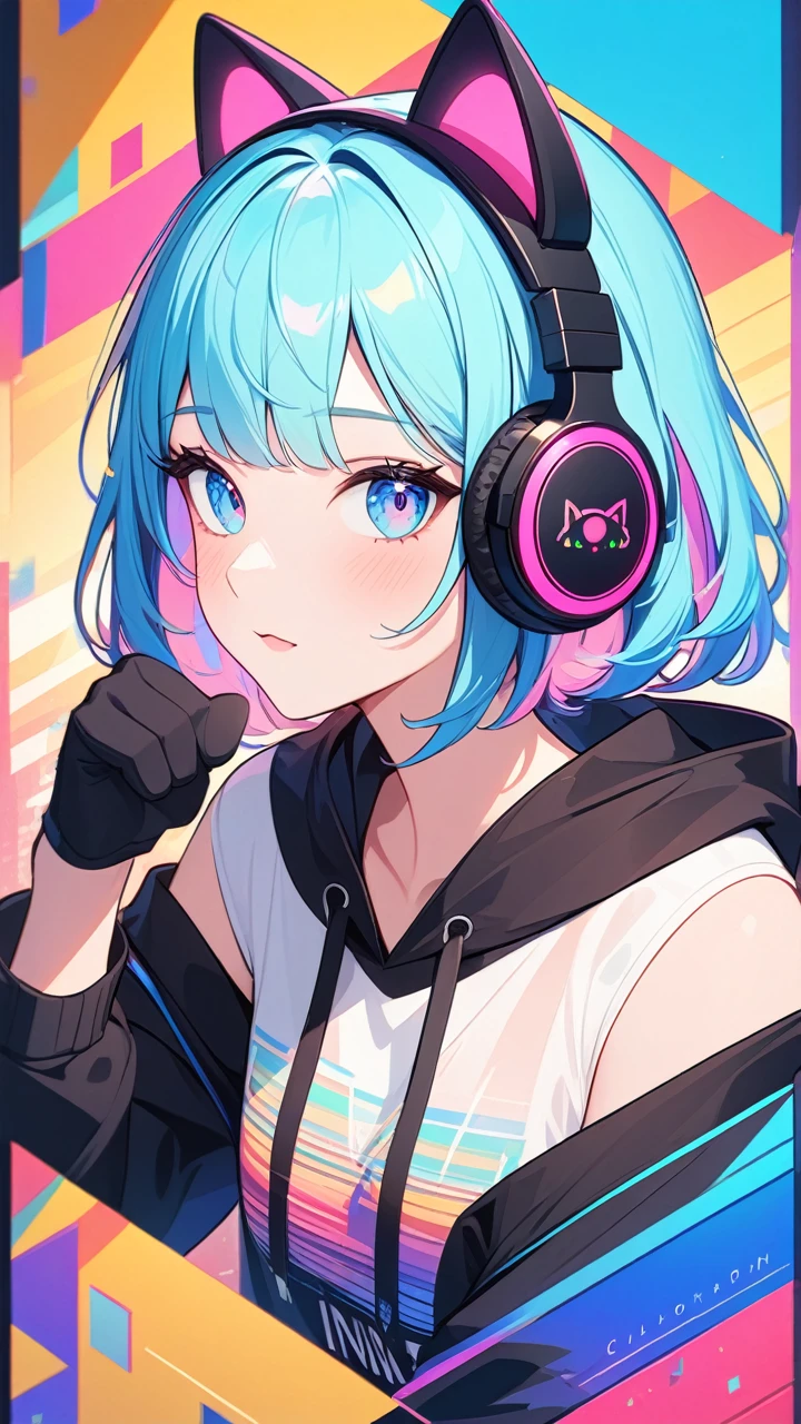 masterpiece,bestquality,superwideangle,fingeraudience,1girl,cat paws gloves, cat headphones,hoodie,pinkandbluehair,hand,cuteanimeface,masterpiece,transparentcolorPVCclothing,transparentcolorvinylclothing,halfbody,glitchlump}onface,cat mouth,mediumhair,filmgrain,lens_flare,colorful,chromaticaberration,dynamicpov,Intenseemotionalexpression:death,glitchart,ultra-detailed,extremelydelicateandbeautiful,albumcover,album,albumdescription,Pixilationonface,Doubleexposure,ChromaticAberration,Lightleaks,Noiseandgrain,Colordegradation,Glitchlettering,art,abstractart,geometry,clearlines,squares,bright,limitedpalette,{canonicalcomposition},neatdiagonalstripedbackground,{{bluewithwhitestripedbackground}},{limitedpalette},flatcolored,blueandwhite,