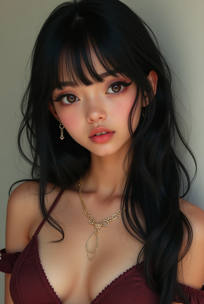 a beautiful filipina girl with black hair and dark hazel eyes, slim body and long layered hair with bangs. medium tan skin. eyes is small and has no eyelids. medium thin eyebrow. wearing a peplum top and earrings, necklace