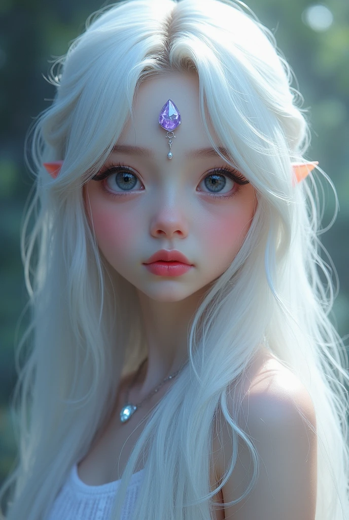 A girl Slightly pale with coral white very long hair and side bang and a light purple gem on her forehead with a ethereal eyes and plump lips pale  skin eyes are black with blue undertone in it 