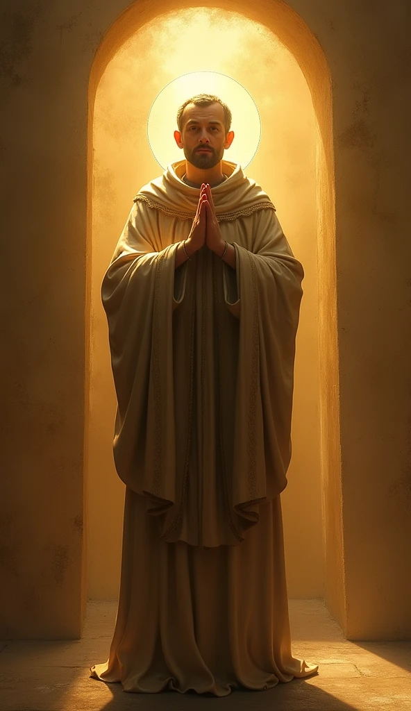 São Bento: The figure of Saint Benedict in a posture of prayer or blessing, surrounded by an aura of protective light.